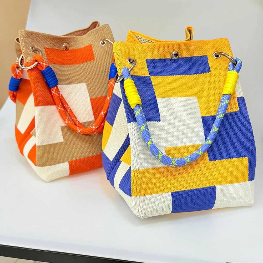 Geometric Knit Bucket Tote Bag