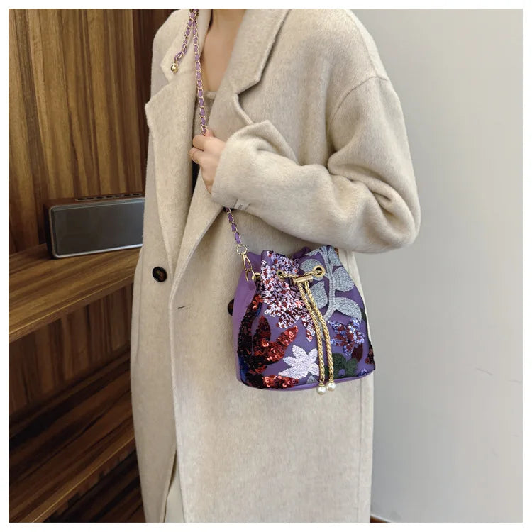 Floral Embroidered Bucket Crossbody Bag