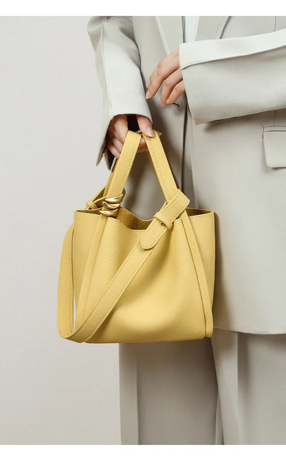 Genuine Leather Yellow Bucket Tote Bag for Women