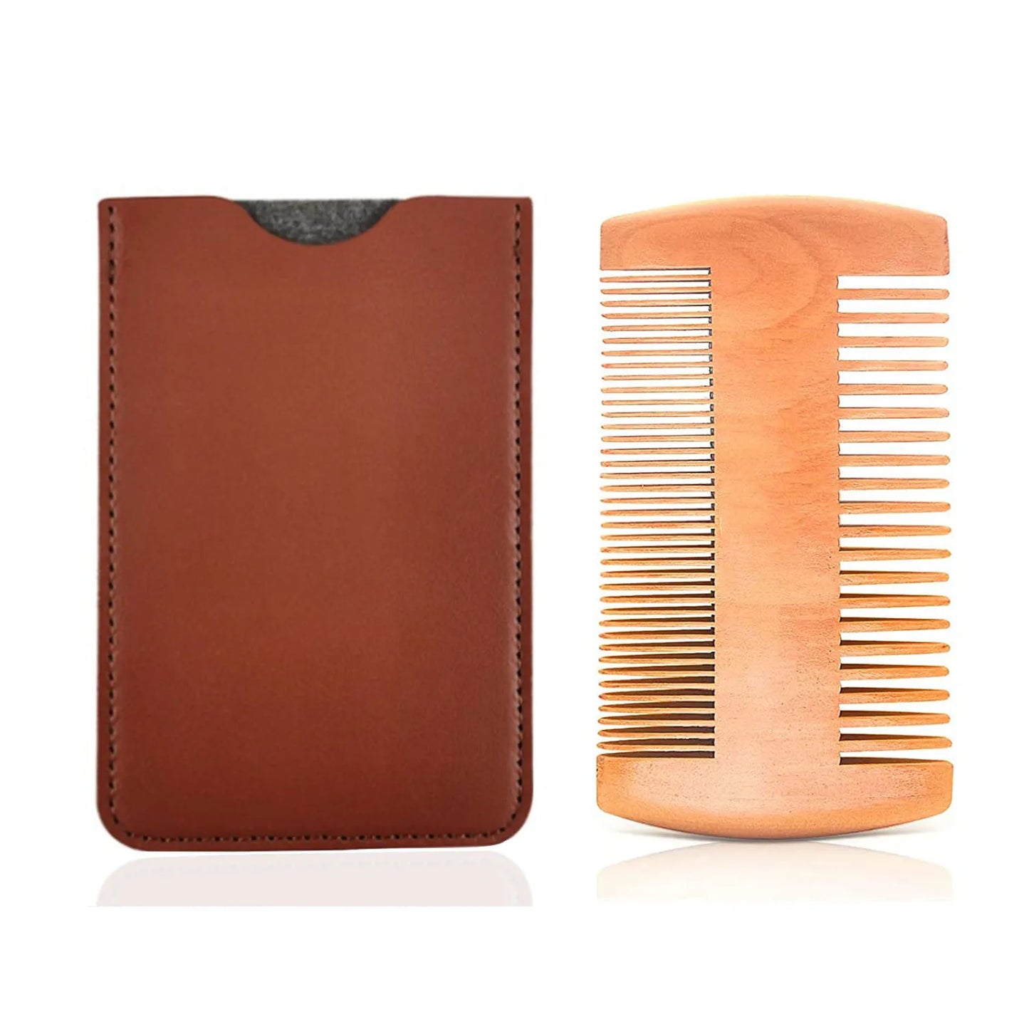 Wood Beard & Hair Comb with Leather Case