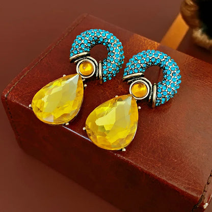 Rhinestone Circle Water Drop Metal Earrings