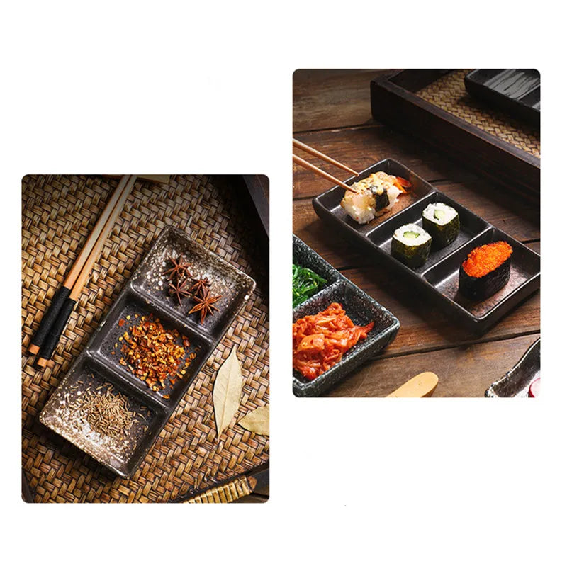 Japanese 3-Compartment Ceramic Sauce & Sushi Dish