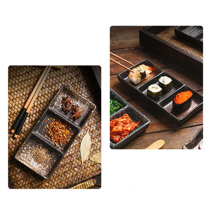 Japanese 3-Compartment Ceramic Sauce & Sushi Dish