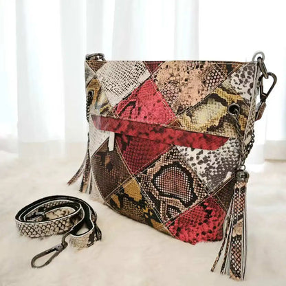 Designer Cow Leather Color Block Crossbody Bucket Handbag