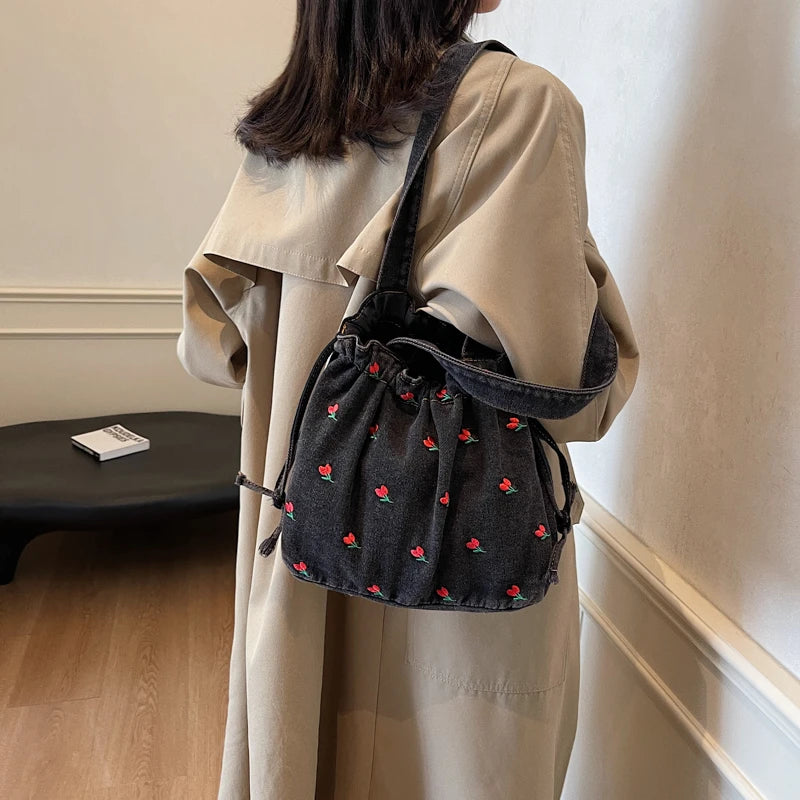 Embroidered Denim Drawstring Shoulder Tote Bag