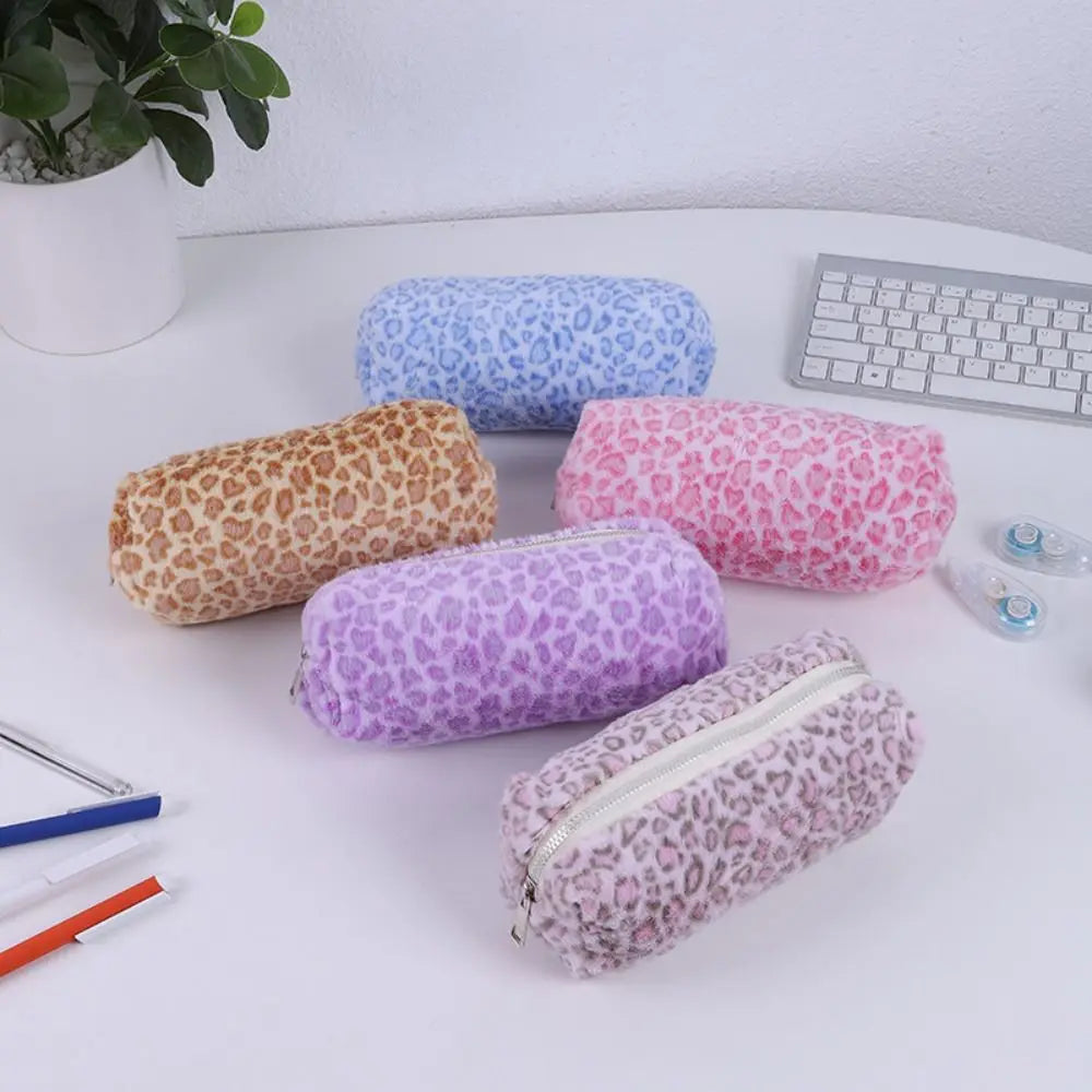 Plush Leopard Print Large Capacity Pencil Case