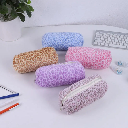 Plush Leopard Print Large Capacity Pencil Case