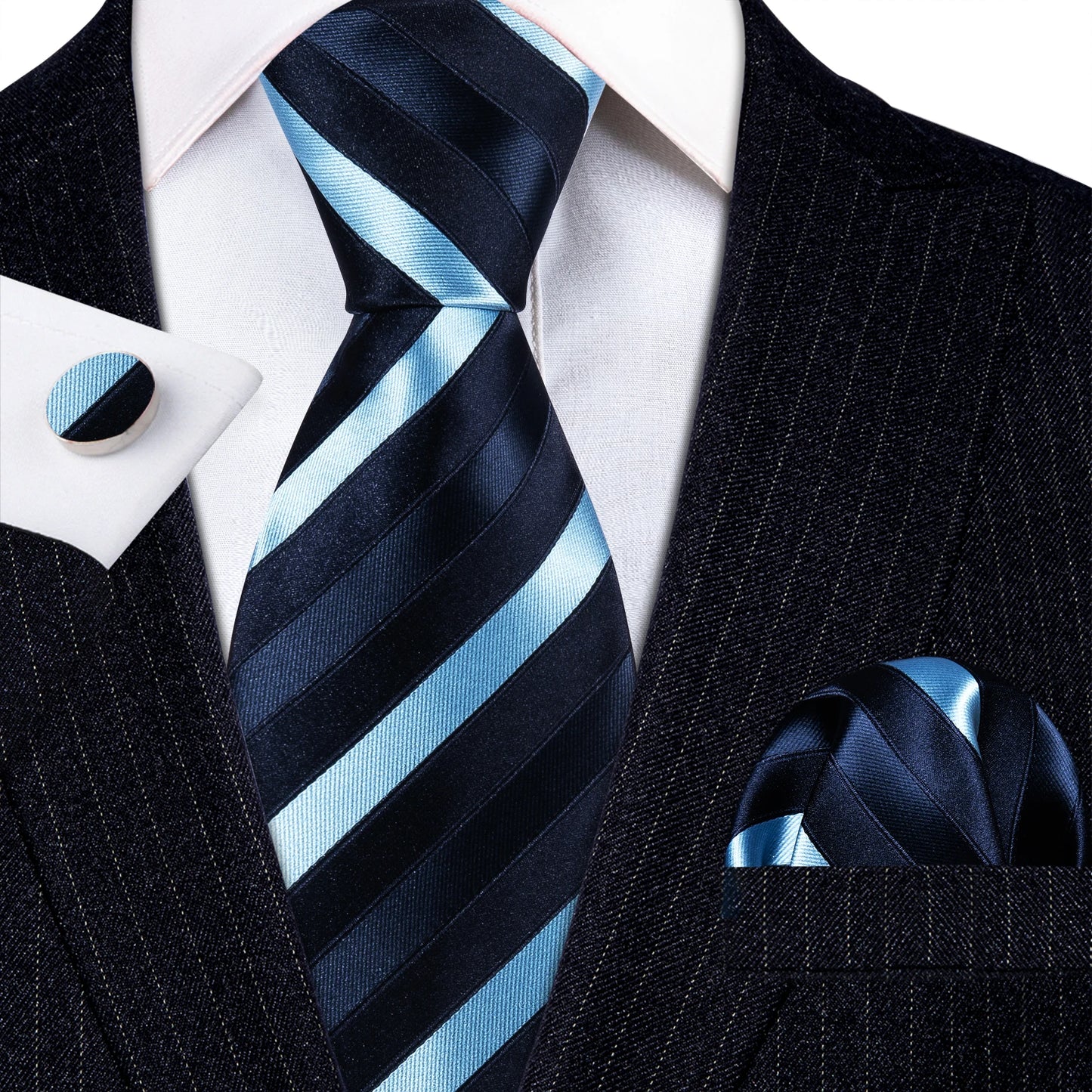 Barry Wang Jacquard Striped Silk Men's Tie Pocket Square Cufflinks Set