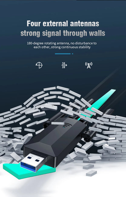 1200M USB 3.0 Dual-Band WiFi Adapter 2.4GHz/5GHz with 4 External Antennas