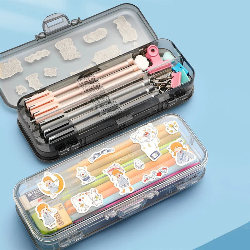Double Layer Transparent Pencil Case – Large Capacity Stationery Organizer