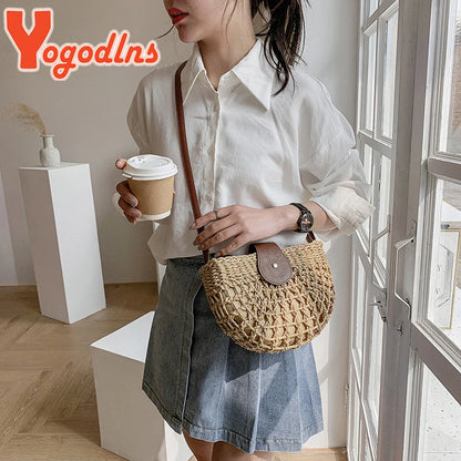 Handmade Half Moon Straw Crossbody Bag
