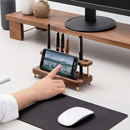 Walnut Wood Desk Organizer with Pen Holder and Phone Stand