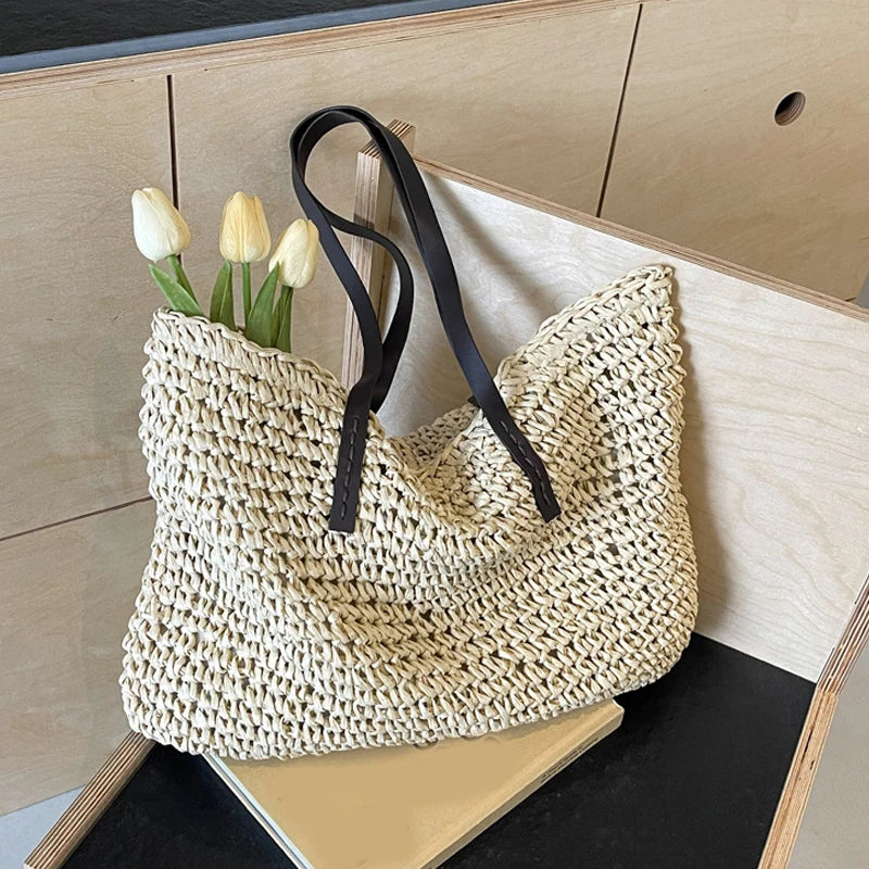 Large Woven Straw Beach Tote Bag