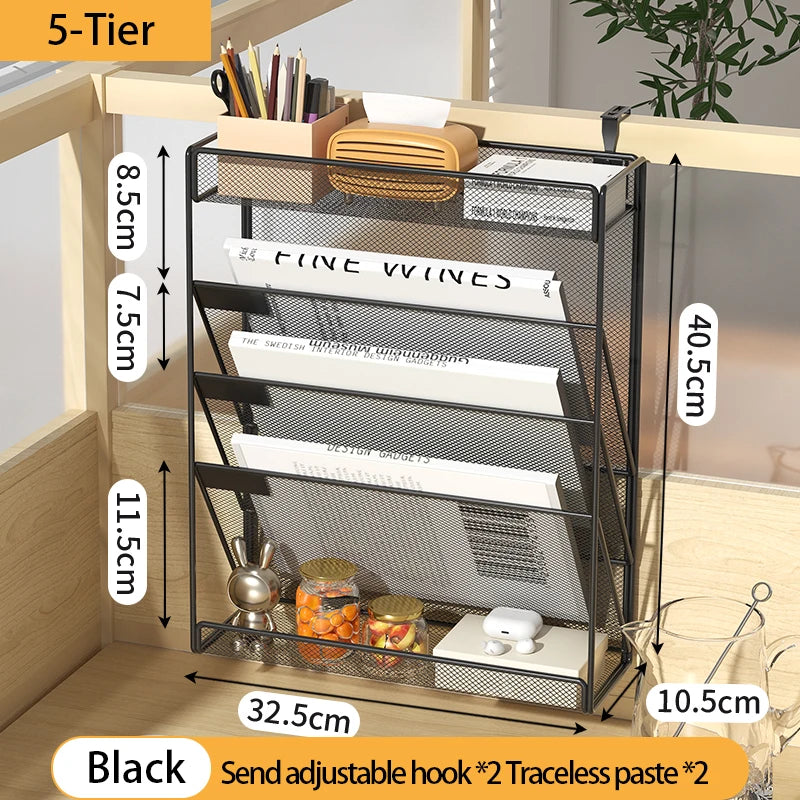 Mesh Desk File Organizer, 5-Tier Vertical Document Tray with Wall Mount Option