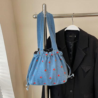 Embroidered Denim Drawstring Shoulder Tote Bag