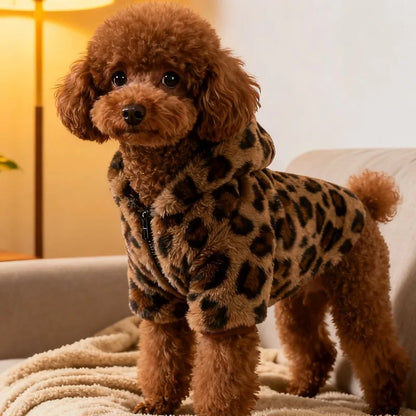 Leopard Fleece Dog Coat – Warm Hooded Pet Jacket