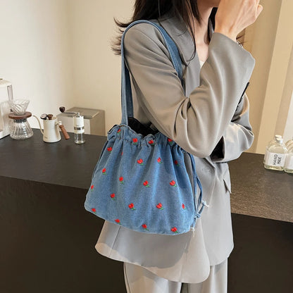 Embroidered Denim Drawstring Shoulder Tote Bag