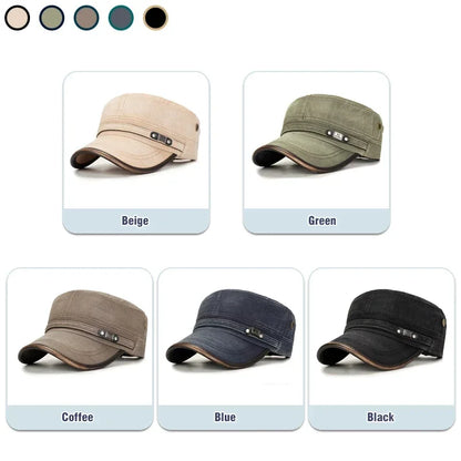 Washed Cotton Military Flat Cap with Leather Brim