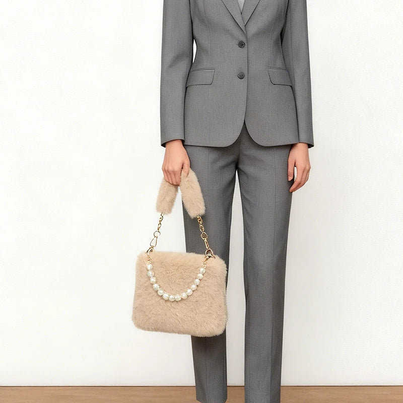 Pearl Chain Plush Shoulder Bag