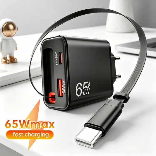 65W USB-C Fast Charger with Retractable Cable