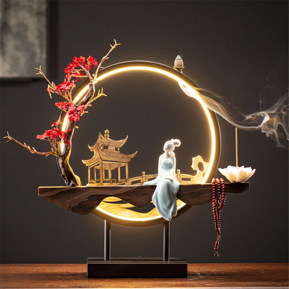 Ceramic Waterfall Incense Holder with LED Ring & Lotus Decor