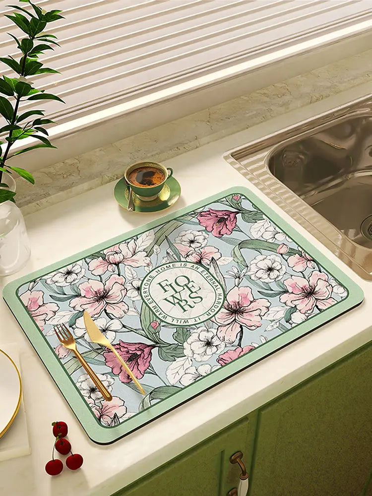 Super Absorbent Floral Dish Drying Mat