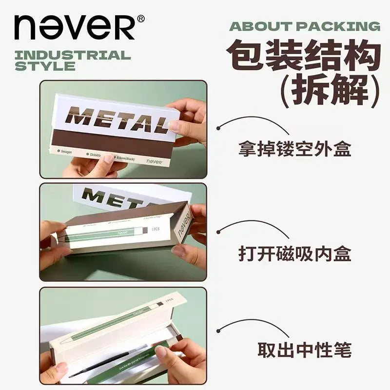 Never Hexagonal Bar Metal Retractable Gel Pen 0.5mm Quick-Drying & Weighted Black Signature Pen Aesthetic Stationery Gift