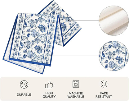 Blue Floral Linen Table Runner