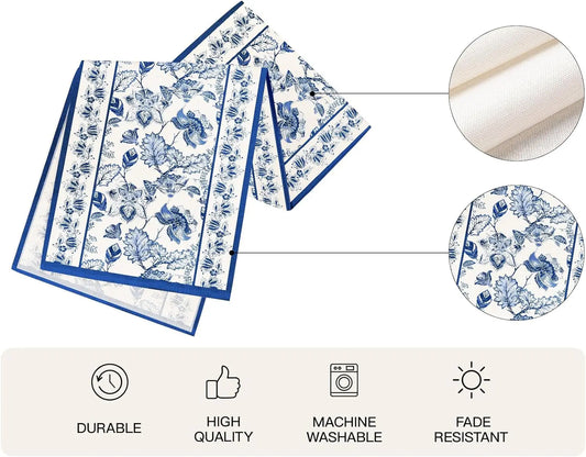 Blue Floral Linen Table Runner