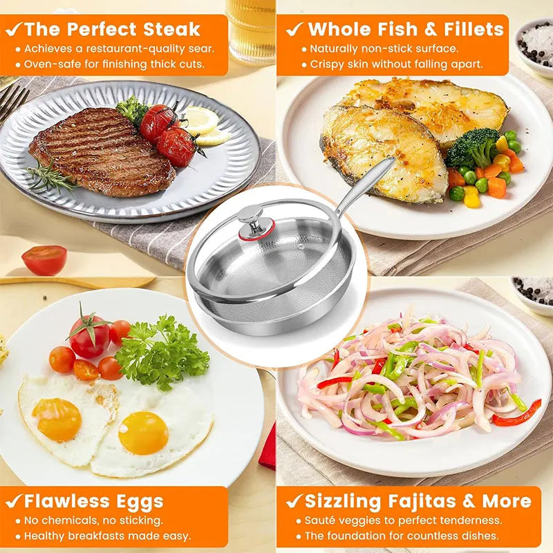 3-Layer Stainless Steel Chef’s Frying Pan with Glass Lid