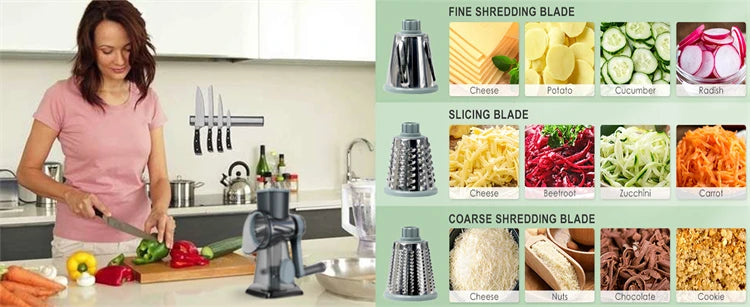 3-in-1 Rotary Cheese Grater & Vegetable Slicer with Stainless Steel Blades