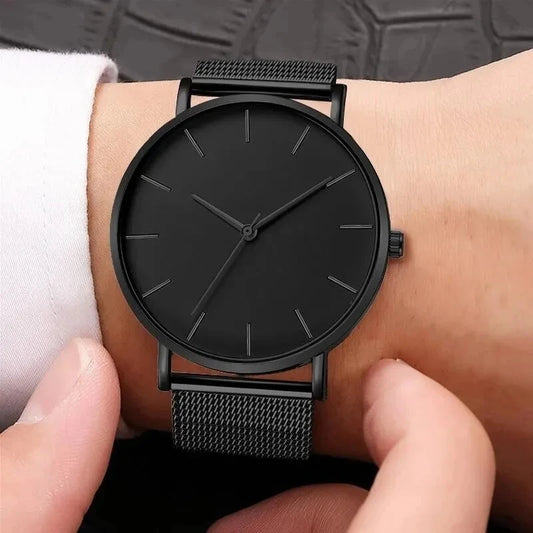 TVK Men's Ultra Thin Black Stainless Steel Quartz Watch