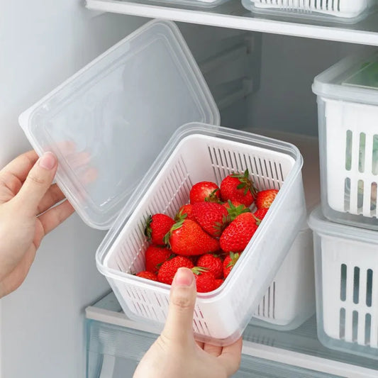Refrigerator Storage Container with Drain Basket & Lid