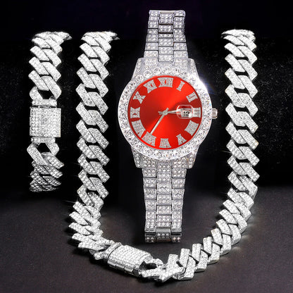 Men's Silver Hip-Hop Watch & Jewelry Set