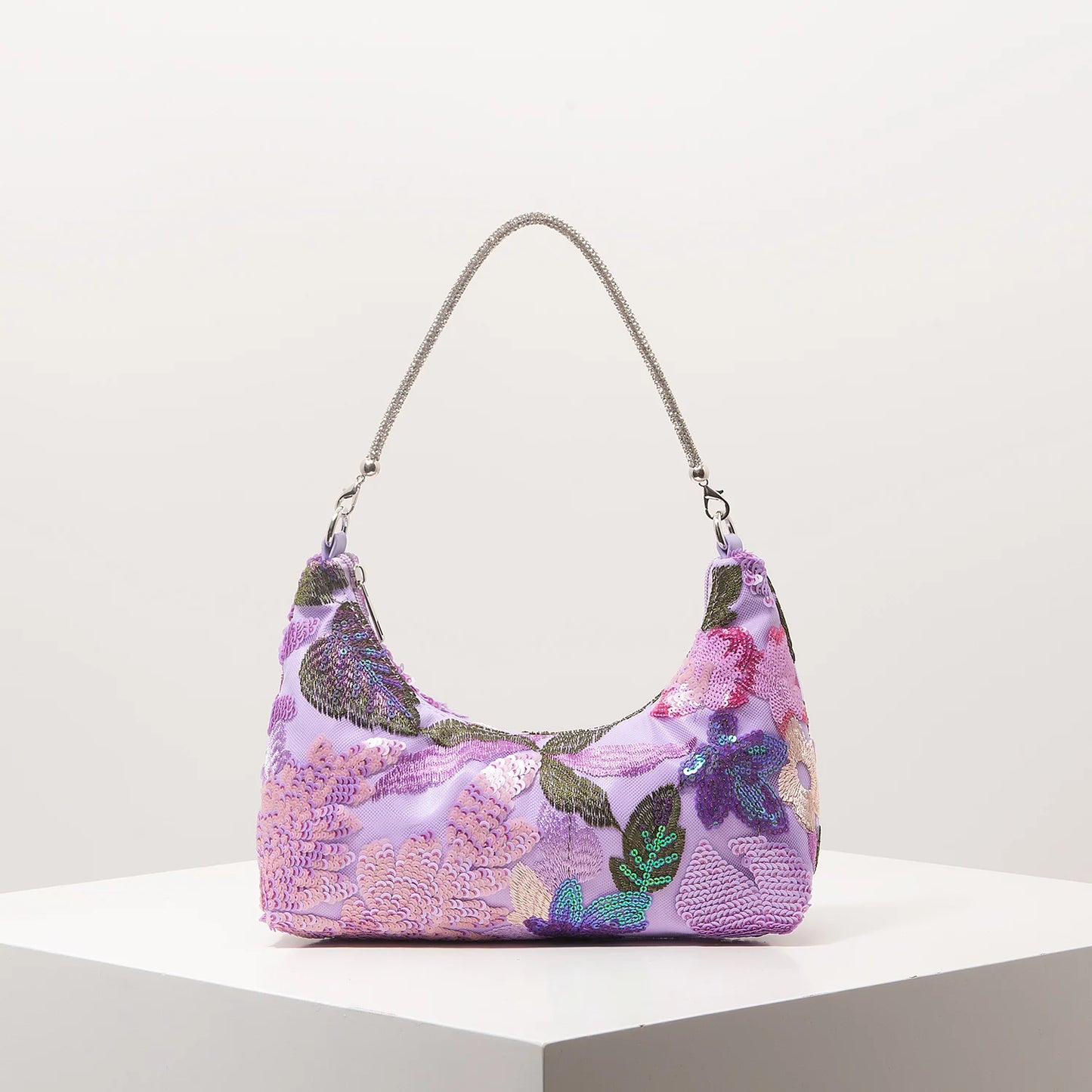 Floral Embroidered Sequin Shoulder Bag