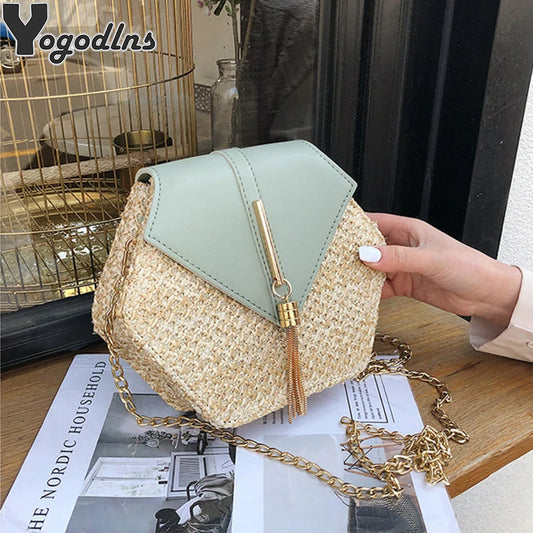 Hexagon Straw+leather Handbag
