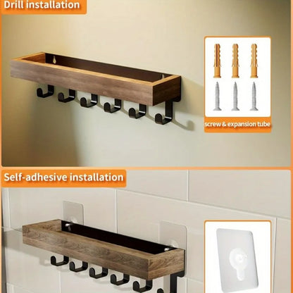 Wooden Wall Key Holder with Shelf & 6 Hooks