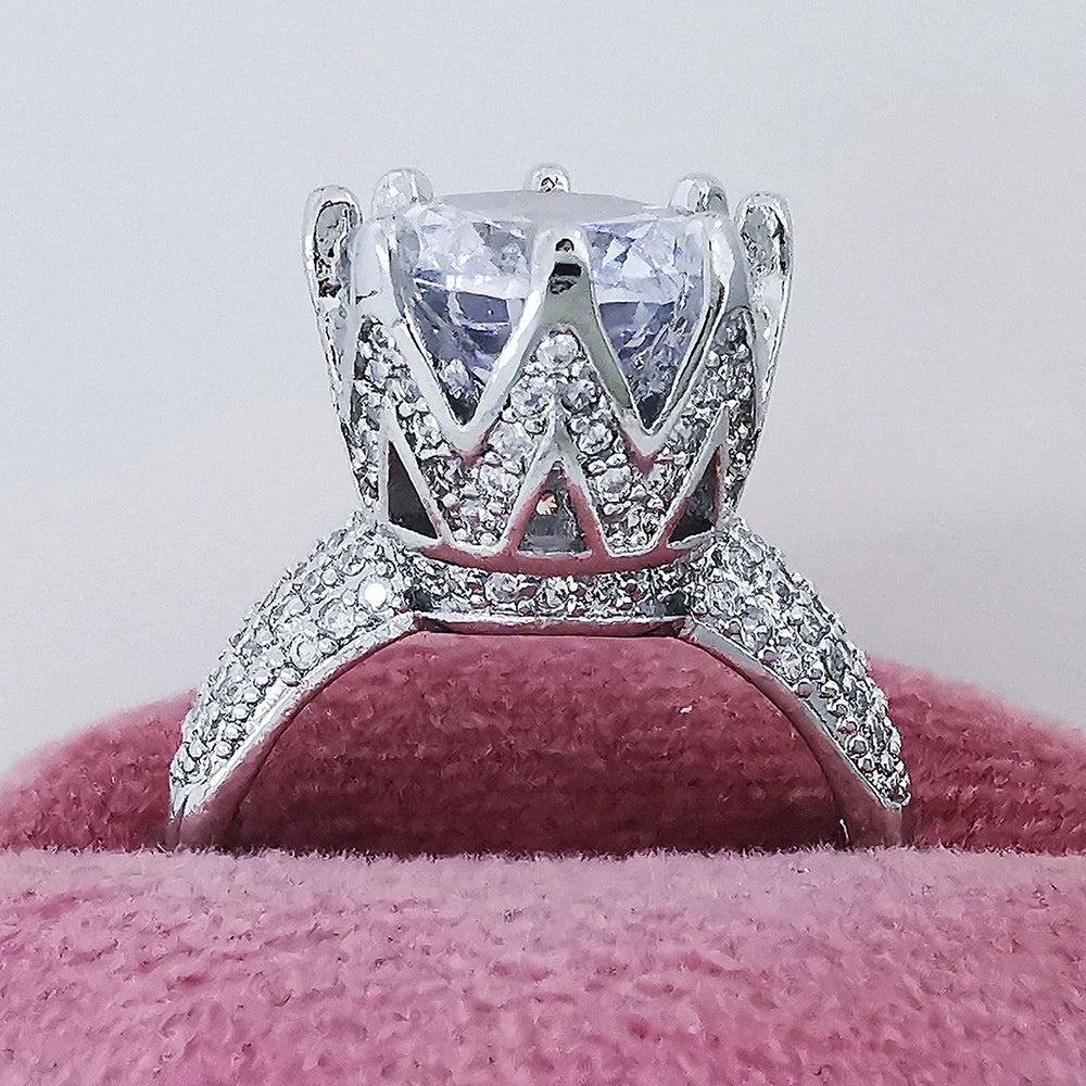 Silver-Plated Flower Cubic Zirconia Ring