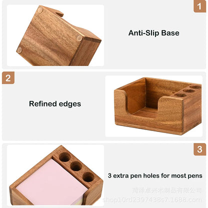 Wooden Desk Organizer with Pen Holders & Note Storage