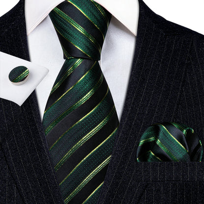 Barry Wang Jacquard Striped Silk Men's Tie Pocket Square Cufflinks Set