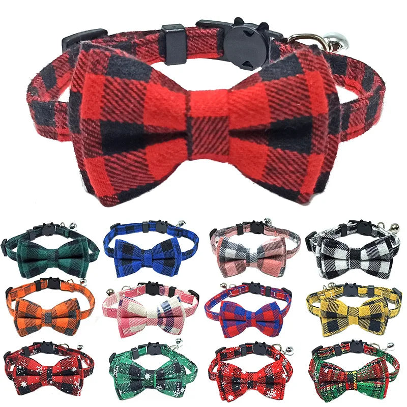 Plaid Cat Collar with Bow Tie & Bell – Adjustable Breakaway Pet Collar