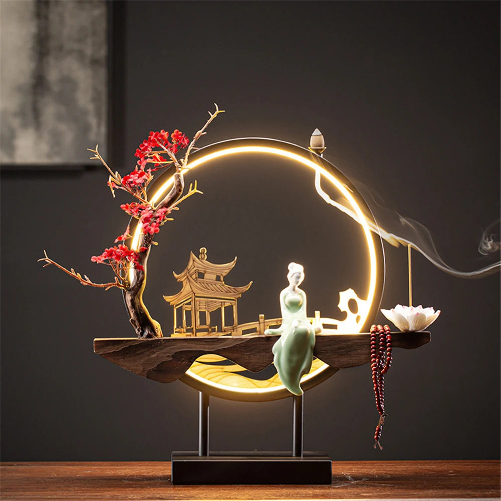 Ceramic Waterfall Incense Holder with LED Ring & Lotus Decor