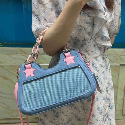 Denim Star Patch Hobo Shoulder Bag