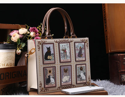 Vintage Cat Print Leather Tote Bag