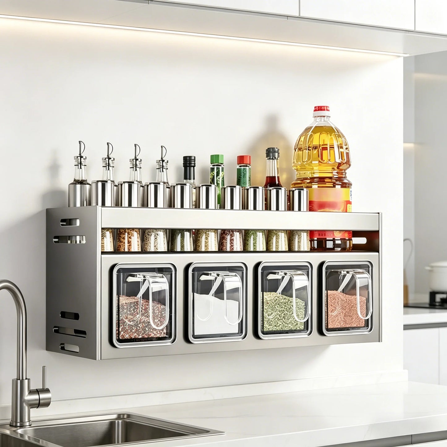 Wall Mounted Kitchen Storage Organizer with Spice Jar Holder