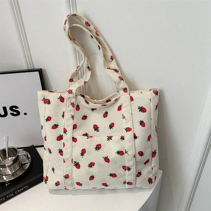 Corduroy Strawberry Print Tote Bag