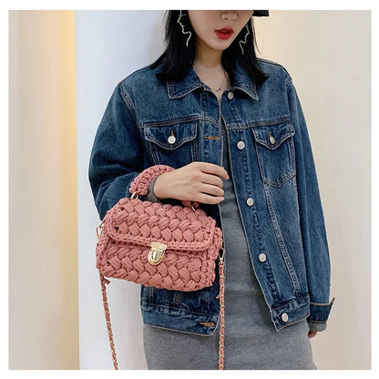 Woven Cotton Chain Crossbody Handbag