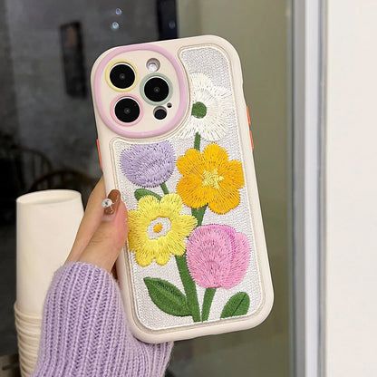 Embroidery Tulip Flowers Phone Mobile Phone Case For iPhone 14 13 12 11 Pro Max 15 Pro