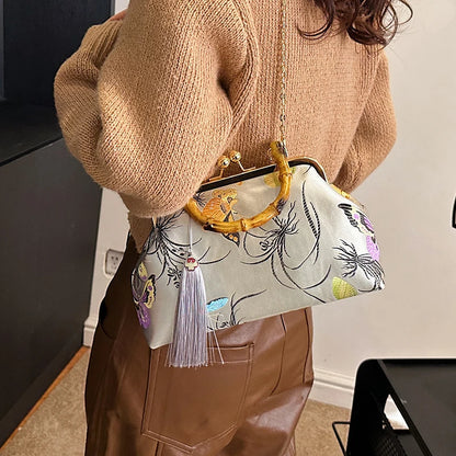 Luxury Embroidered Evening Handbag with Bamboo Handle