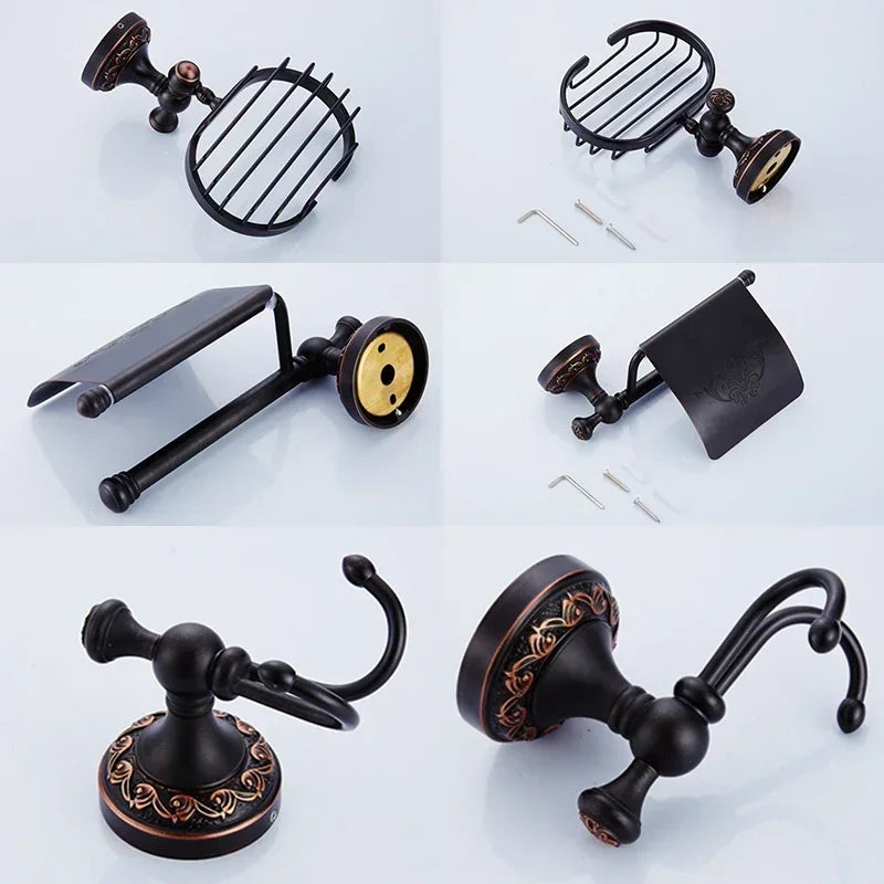 Black Bronze Carved Bathroom Hardware Accessories Set